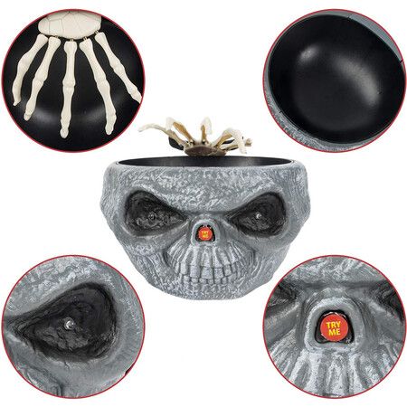 Halloween Candy Bowl Dish with Hand Spooky Decoration Props LED Eyes and Sound for Haunted House Horror Party Table Decor, Gray