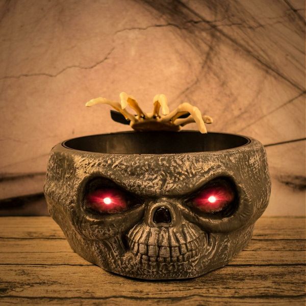 Halloween Candy Bowl Dish with Hand Spooky Decoration Props LED Eyes and Sound for Haunted House Horror Party Table Decor, Gray