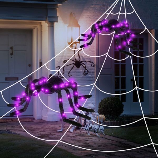 Halloween Spider Decorations with LED Lights, Giant Spider Indoor Halloween Decorations, Realistic Large Scary Spider Halloween Decor for Home, Yard, Party