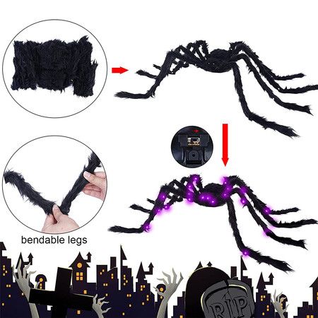 Halloween Spider Decorations with LED Lights, Giant Spider Indoor Halloween Decorations, Realistic Large Scary Spider Halloween Decor for Home, Yard, Party