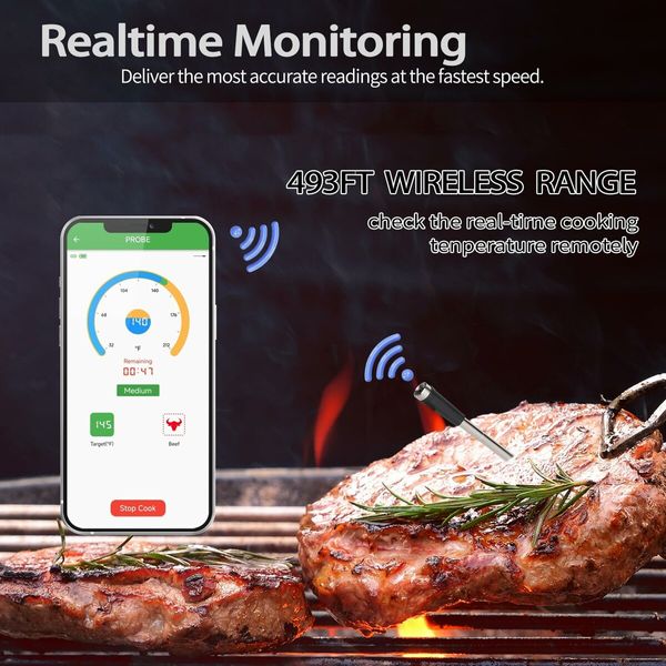 Smart Wireless Meat Thermometer with 493FT Long Wireless Range,Instant Read Digital Food Thermometer,APP Control for Roast,Oven,Grill,BBQ,Rotisserie