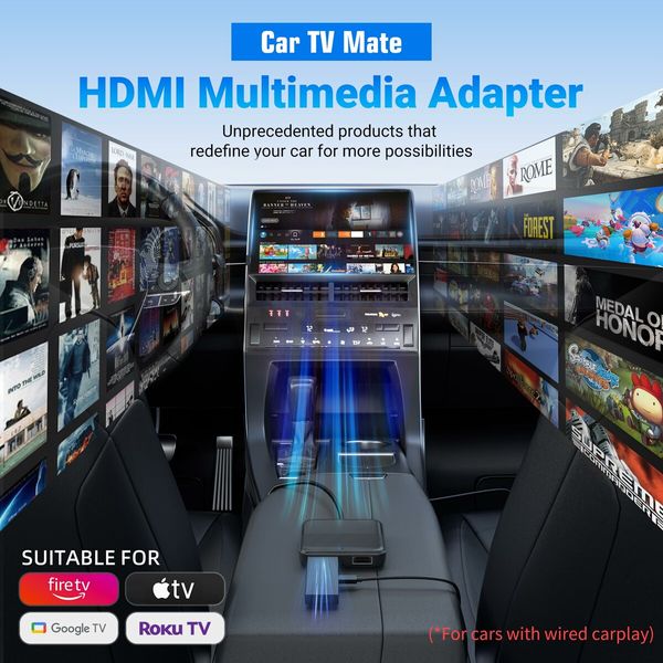 Car TV Mate,HDMl Multimedia Adapter for Cars with Factory Wired CarPlay,Car TV Converter for Fire TV Stick/Game Consoles/Screen Throwers/DVD/Set-top Boxes,2.4GHz WiFi,Plug and Play