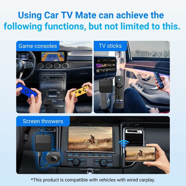 Car TV Mate,HDMl Multimedia Adapter for Cars with Factory Wired CarPlay,Car TV Converter for Fire TV Stick/Game Consoles/Screen Throwers/DVD/Set-top Boxes,2.4GHz WiFi,Plug and Play