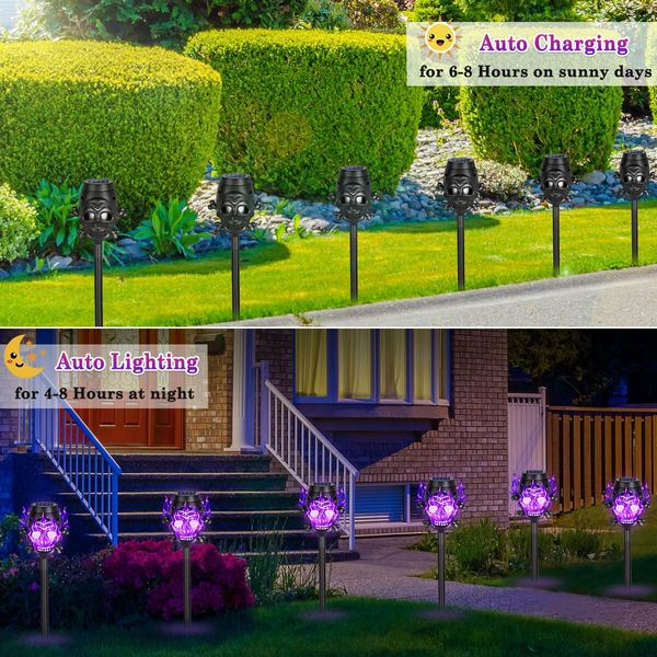 Spooky Skulls Purple Solar Torch Lights,Solar Halloween Lights Outdoor,Halloween Decorations Outside for Yard Pathway Lawn Party,Purple Light 12Pack