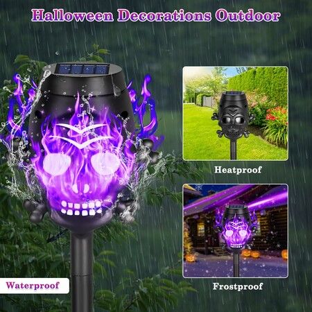 Spooky Skulls Purple Solar Torch Lights,Solar Halloween Lights Outdoor,Halloween Decorations Outside for Yard Pathway Lawn Party,Purple Light 12Pack