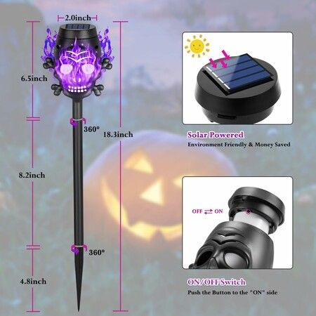 Spooky Skulls Purple Solar Torch Lights,Solar Halloween Lights Outdoor,Halloween Decorations Outside for Yard Pathway Lawn Party,Purple Light 12Pack