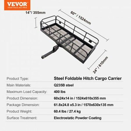 1524 x 610 x 355 mm/60*24*14 inch Hitch Cargo Carrier, 400lbs Capacity Folding Trailer Hitch Mount Cargo Basket, Steel Luggage Carrier Rack Fits 5 cm Hitch Receiver for SUV Truck Pickup with Stabilizer