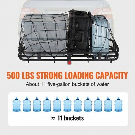 53 x 19 x 5 in Hitch Cargo Carrier, 500lb Capacity Trailer Hitch Mount Cargo Basket, Steel Luggage Carrier Rack Fits 2" Hitch Receiver for SUV Truck Pickup with Cargo Net, Stabilizer, Straps