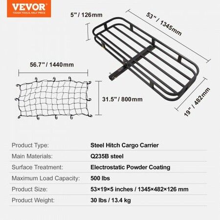 53 x 19 x 5 in Hitch Cargo Carrier, 500lb Capacity Trailer Hitch Mount Cargo Basket, Steel Luggage Carrier Rack Fits 2" Hitch Receiver for SUV Truck Pickup with Cargo Net, Stabilizer, Straps