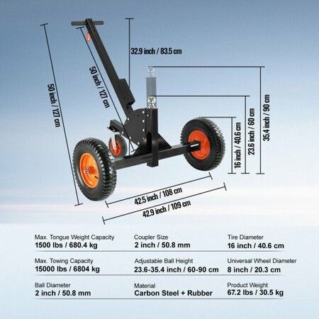 Adjustable Trailer Dolly, 680.4 kg Tongue Weight Capacity, 2 in 1 Trailer Mover with 60-90 cm Adjustable Height & 50.8 mm Ball, Pneumatic Tires & Universal Wheel, for Moving Car RV Trailer