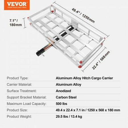 49.4 x 22.4 x 7.1 in Hitch Cargo Carrier, 500lb Capacity Trailer Hitch Mount Aluminum Cargo Basket, Luggage Carrier Rack Fits 2" Hitch Receiver for SUV Truck Pickup Camping