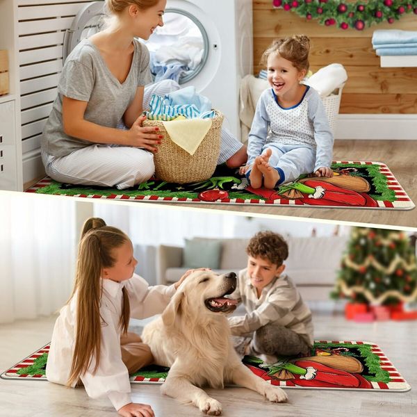 Christmas Believe Kitchen Rugs Set of 2, Xmas Gifts Green Kitchen Mats Decor, Red White Stripes Holiday Door Mat Home Decorations 40*120cm+40*60cm