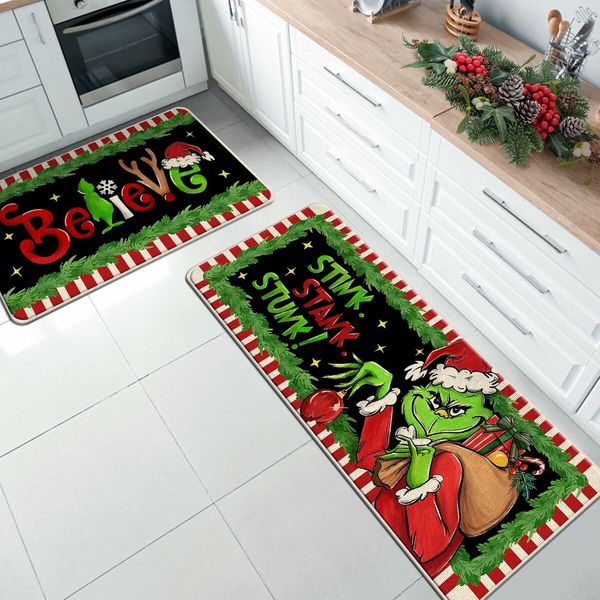 Christmas Believe Kitchen Rugs Set of 2, Xmas Gifts Green Kitchen Mats Decor, Red White Stripes Holiday Door Mat Home Decorations 40*120cm+40*60cm