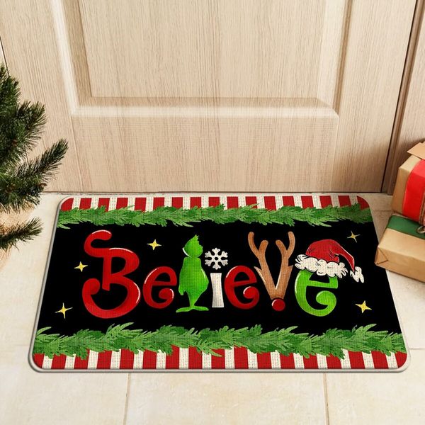 Christmas Believe Kitchen Rugs Set of 2, Xmas Gifts Green Kitchen Mats Decor, Red White Stripes Holiday Door Mat Home Decorations 40*120cm+40*60cm