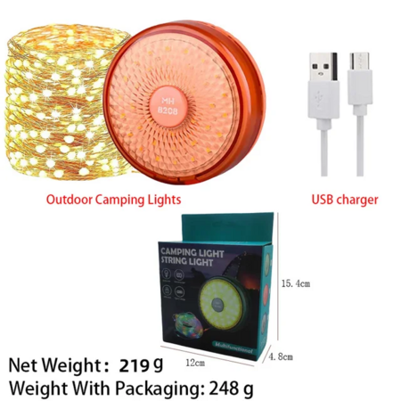 LED Camping Light USB Rechargeable Outdoor Tent Colourful Warm Ambiance String Light Portable Storage Tape Measure for Camping