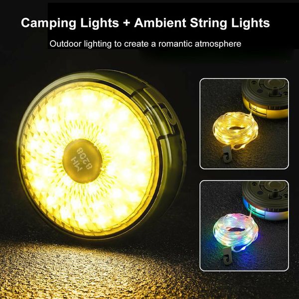 LED Camping Light USB Rechargeable Outdoor Tent Colourful Warm Ambiance String Light Portable Storage Tape Measure for Camping