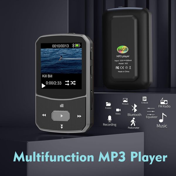 64GB Clip MP3 Player with Bluetooth 5.3,Portable Music Player with Voice Recorder for Sport Running,FM Radio,Pedometer,A-B Repeat,Audio Video,Shuffle Playback