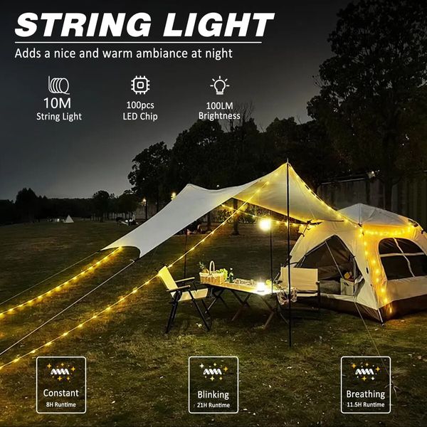 LED Camping String Lights 10M Rechargeable Warm Light Hanging Lights for Outdoor Tent Awning Garden Party Festival Decor