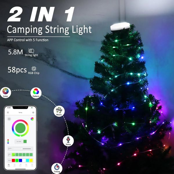 LED Camping String Lights App Control 5.8M Rechargeable Multi-Colour Hanging Lights for Outdoor Tent Awning Garden Party Festival Decor