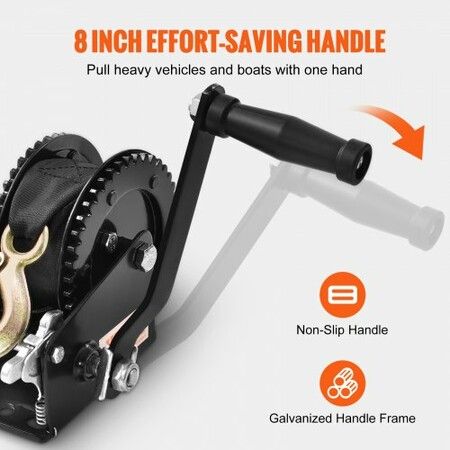 Hand Winch, 907.1 kg Pulling Capacity, Boat Trailer Winch Heavy Duty Rope Crank with 7 m Polyester Strap and Two-Way Ratchet, Manual Operated Hand Crank Winch for Trailer, Boat or ATV Towing