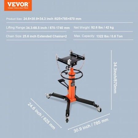 Transmission Jack, 600kg Hydraulic Telescoping Transmission Jack, 870-1740 mm High Lift Floor Jack Stand with Foot Pedal, 360° Swivel Wheel, Hydraulic Transmission Jack Garage/Shop Lift Hoist