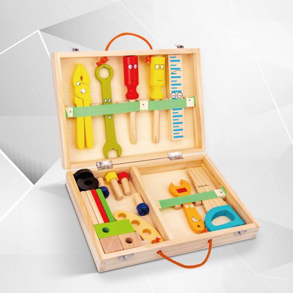 Kids 34pcs Tool Set Children Wooden Box Construction Toys Kit Building Repair Pretend Role Educational Learning Playset with Case