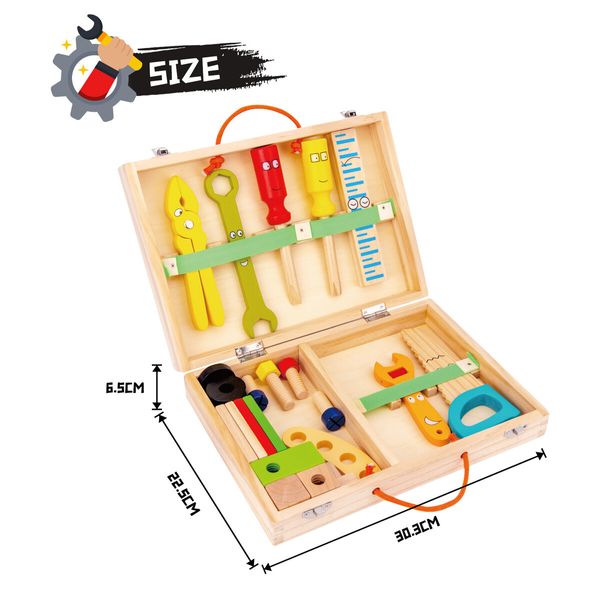 Kids 34pcs Tool Set Children Wooden Box Construction Toys Kit Building Repair Pretend Role Educational Learning Playset with Case