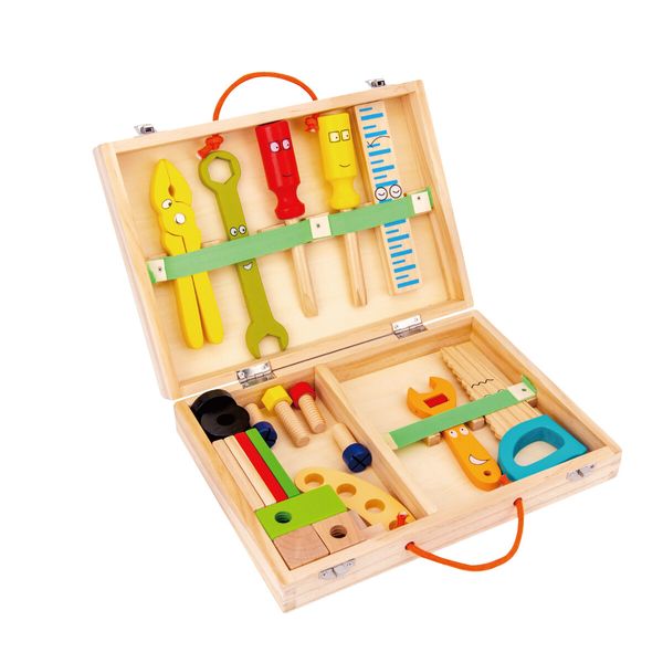 Kids 34pcs Tool Set Children Wooden Box Construction Toys Kit Building Repair Pretend Role Educational Learning Playset with Case