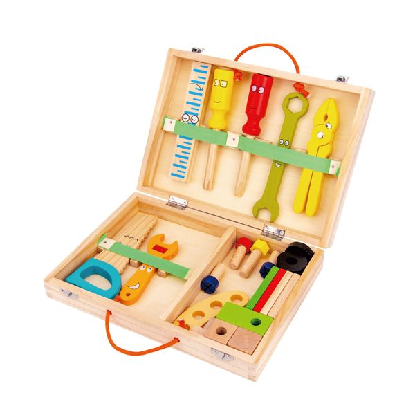 Kids 34pcs Tool Set Children Wooden Box Construction Toys Kit Building Repair Pretend Role Educational Learning Playset with Case