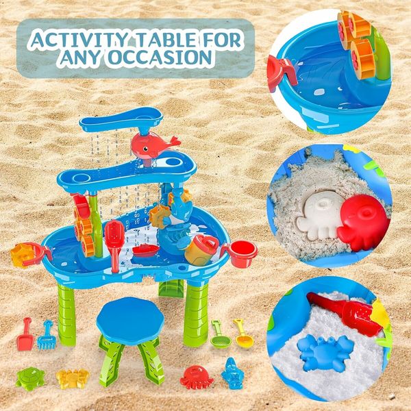 3 in 1 Sand Water Table Outdoor Kids Beach Sandbox Activity Dolphin Water Wheel Shovel Christmas Birthday Toy