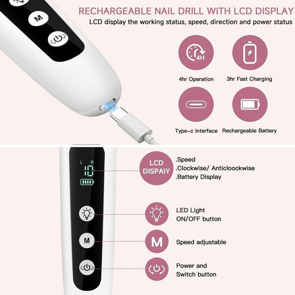 Cordless Electric Nail File Set,Professional Manicure Pedicure Kit 10 Speed Portable Nail Drill Machine for Thick Nail Toenail Cuticle