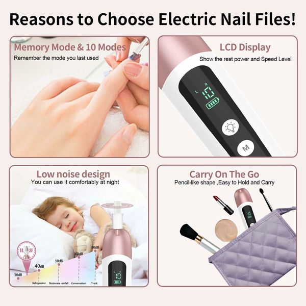 Cordless Electric Nail File Set,Professional Manicure Pedicure Kit 10 Speed Portable Nail Drill Machine for Thick Nail Toenail Cuticle