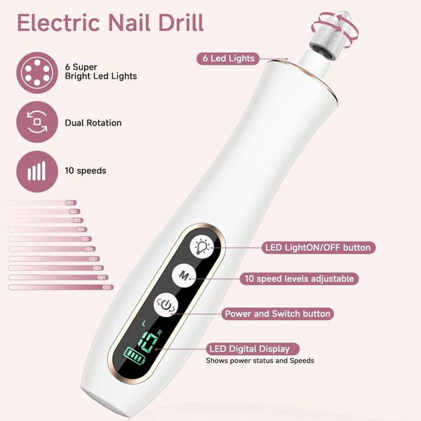 Professional Manicure Pedicure Kit Cordless Electric Nail File Set 360 Degree LED Light Nail Drill Machine with LCD Display for Gel Nail Thick Toe