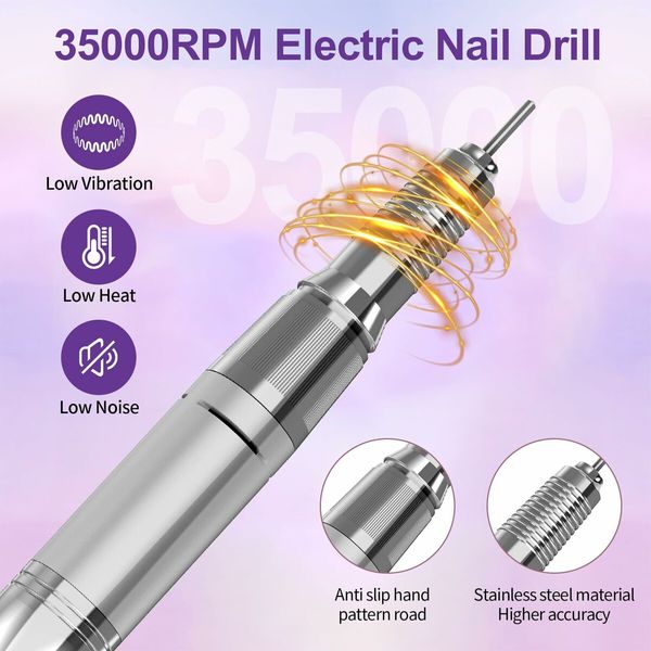 35000RPM Nail Drill Professional Electric Nail Drill Kits with Bits,Base Purple Portable Nail E File Machine for Remover Gel Nail Polish Acrylic-Purple