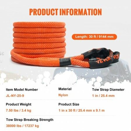 25.4 mm x 9.1 m Kinetic Recovery Tow Rope 17237 kg, Heavy-Duty Off Road Snatch Strap, Extreme Duty 30% Elasticity Energy Snatch Strap for Jeep Car Truck ATV UTV SUV Tractor锛?0ft x 1in