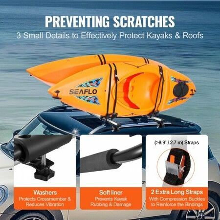 Kayak Roof Rack 2 Pairs J-Bar, Soft Roof Rack, Top Mount Tie Down, Carrier for kayak, Surf Board, Canoe, SUP, Ski Board, Mount on Car, SUV, Truck, 2 Kayaks