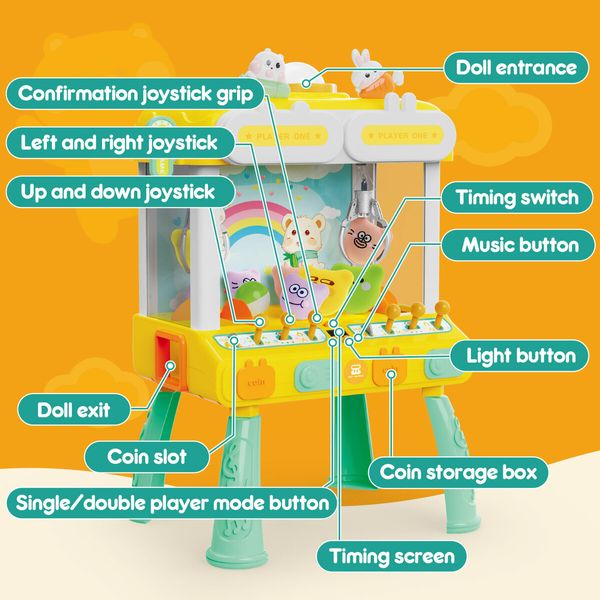 2 Person Mini Claw Machine Miniature Toy Crane Grabber Candy Catch Game Prize Chocolate Arcade Dispenser Clip Doll Simulator with LED Light Music