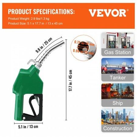 Automatic Fuel Nozzle, 3/4" NPT Inlet Thread & 15/16" Spout, 16 GPM Max Flow Rate, Auto Shut Off, Aluminum & PVC Gas Pump Handle with 360° Swivel for Gasoline Diesel Kerosene Biodiesel Refilling