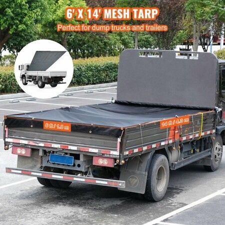 Dump Truck Mesh Tarp, 6 x 14 ft, PVC Coated Black Heavy Duty Cover with 5.5" 18oz Double Pocket, Brass Grommets, Reinforced Double Needle Stitch Webbing Fits Manual or Electric Dump Truck System