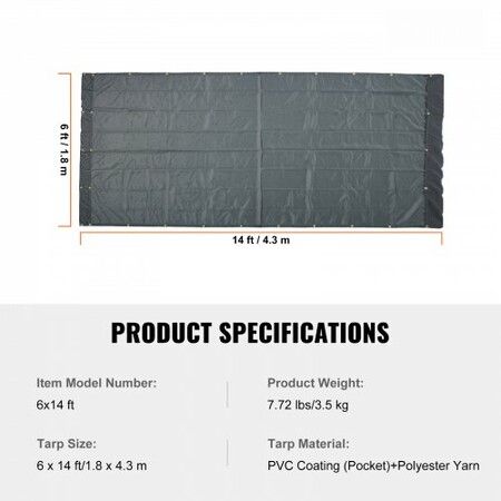 Dump Truck Mesh Tarp, 6 x 14 ft, PVC Coated Black Heavy Duty Cover with 5.5" 18oz Double Pocket, Brass Grommets, Reinforced Double Needle Stitch Webbing Fits Manual or Electric Dump Truck System