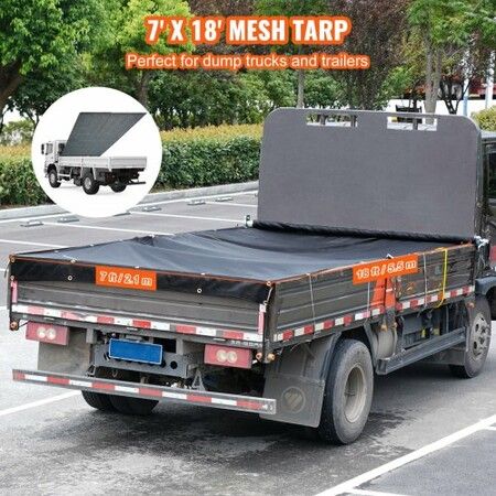 Dump Truck Mesh Tarp, 7 x 18 ft, PVC Coated Black Heavy Duty Cover with 5.5" 18oz Double Pocket, Brass Grommets, Reinforced Double Needle Stitch Webbing Fits Manual or Electric Dump Truck System