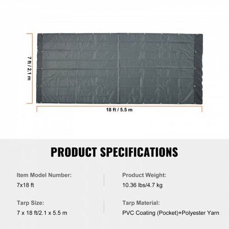 Dump Truck Mesh Tarp, 7 x 18 ft, PVC Coated Black Heavy Duty Cover with 5.5" 18oz Double Pocket, Brass Grommets, Reinforced Double Needle Stitch Webbing Fits Manual or Electric Dump Truck System