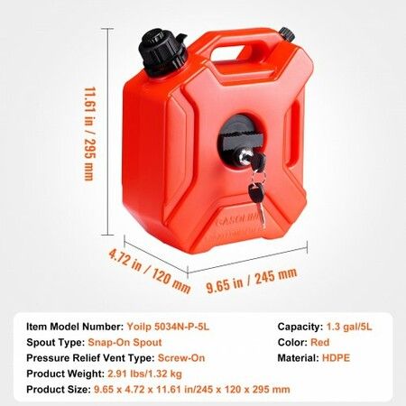 Water Can, 1.3 Gallon/5L, Water Tank with Spout and Lockable Bracket, Storage Water Container, Auto-Off Function & Adjustable Flow Rate, Compatible with Most Cars Motorcycle SUV ATV UTV, Red