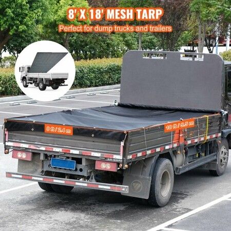 Dump Truck Mesh Tarp, 8 x 18 ft, PVC Coated Black Heavy Duty Cover with 5.5" 18oz Double Pocket, Brass Grommets, Reinforced Double Needle Stitch Webbing Fits Manual or Electric Dump Truck System