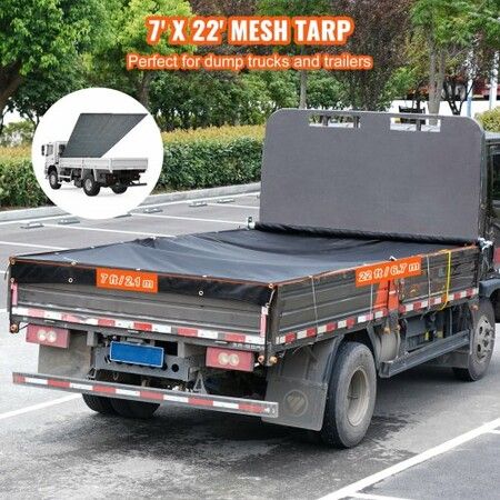 Dump Truck Mesh Tarp, 7 x 22 ft, PVC Coated Black Heavy Duty Cover with 5.5" 18oz Double Pocket, Brass Grommets, Reinforced Double Needle Stitch Webbing Fits Manual or Electric Dump Truck System