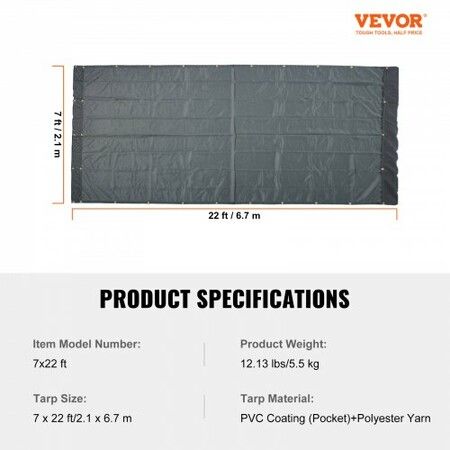 Dump Truck Mesh Tarp, 7 x 22 ft, PVC Coated Black Heavy Duty Cover with 5.5" 18oz Double Pocket, Brass Grommets, Reinforced Double Needle Stitch Webbing Fits Manual or Electric Dump Truck System