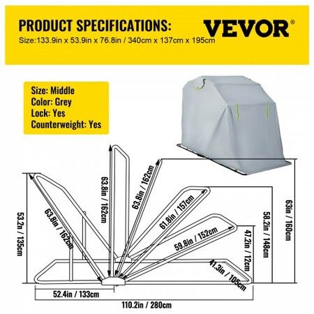 Motorcycle Shelter, Waterproof Motorcycle Cover, Heavy Duty Motorcycle Shelter Shed, 420D Oxford Motorbike Shed Anti-UV, 110.2\"x41.3\"x63.8\" Grey Shelter Storage Garage Tent with Lock & Weight