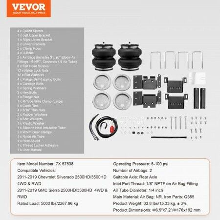 Air Bag Suspension Kit, Air Springs Suspension Bag Kit Compatible with 2011-2019 Chevrolet Silverado 2500/3500HD and GMC Sierra 2500/3500HD 4WD RWD, 5000 lbs Loading, 5 to 100 PSI