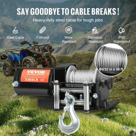 Electric Winch ATV UTV 907 kg Steel Cable IP 55 Waterproof Wired Control