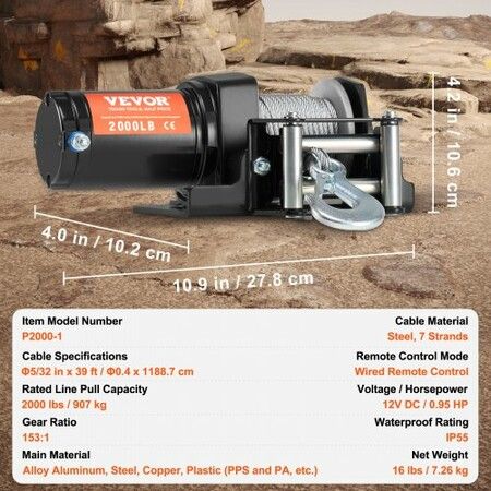 Electric Winch ATV UTV 907 kg Steel Cable IP 55 Waterproof Wired Control